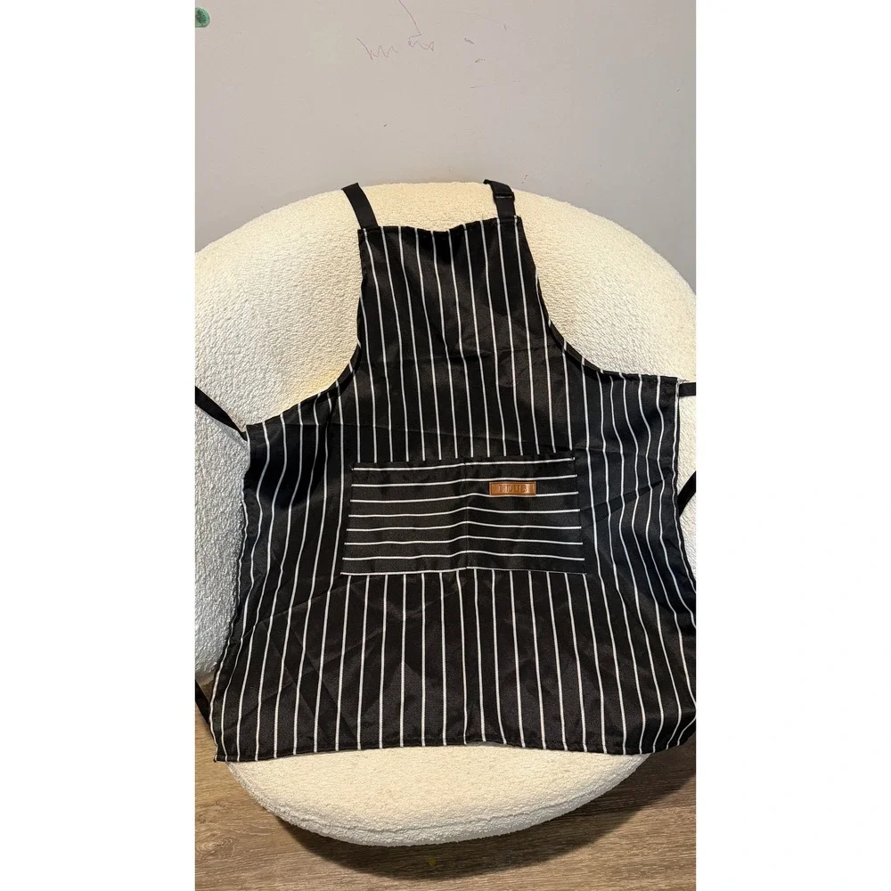 Set of 2 Pinstripe Bib Aprons Black and Tan Adjustable Neck with Pocket